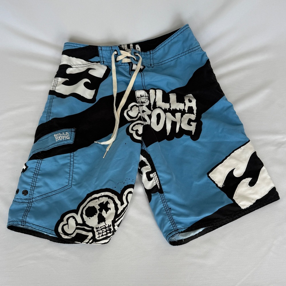 Billabong Boys Blue Black Skull Crossbones Board Shorts Swim Trunks Size 27